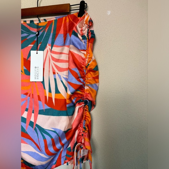 NWT Molly Bracken Roma Pink Sunset Retro Tropical Palm Tree Ruched Tie Skirt L - Picture 3 of 12